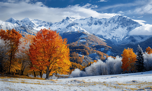 秋装海报背景摄影照片_美丽的风景背景是色彩缤纷的秋树和雪山