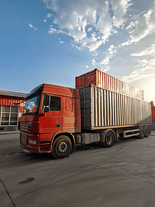 大型卡车与拖车车厢货物在卡车上的集装箱中运输