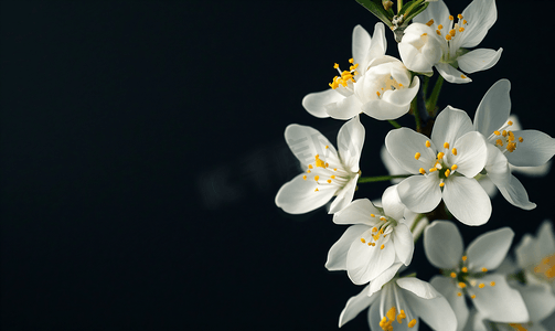 绿色植被背景摄影照片_黑色背景上白色的小花