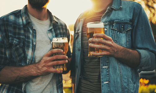两个朋友站在户外手里拿着啤酒杯