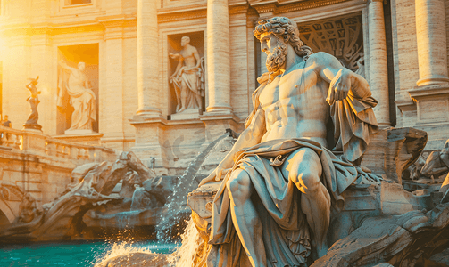 浮雕金线摄影照片_意大利罗马特莱维喷泉上的浮雕