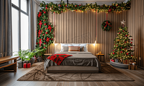 五星闪耀摄影照片_酒店房屋中的节日装置配有小圣诞树和节日灯