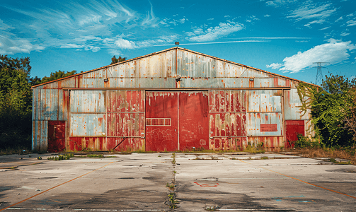 有红色露头的废弃旧仓库建筑