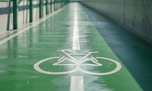 沥青道路摄影照片_绿色地板上的自行车符号自行车道标志