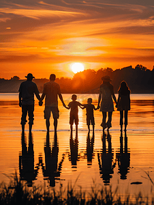 人物传记海报摄影照片_日出时分的大家庭靠在湖边六个孩子父母和孩子