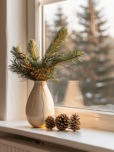 圣诞家居装饰架子上花瓶里的云杉树枝