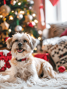 节日圣诞装饰房间内可爱狗的肖像