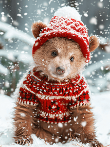 卡通小动物可爱摄影照片_圣诞横幅上画着可爱的小熊穿着丑陋的圣诞毛衣
