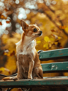 散步摄影照片_一只吉娃娃狗坐在长凳上背景是大自然一只宠物狗在散步