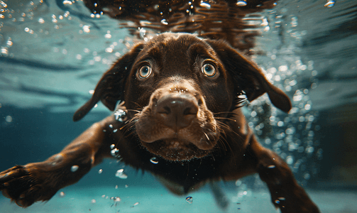 深棕色的狗在水下游泳脸上带着惊讶的表情