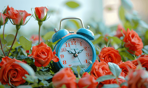 金色礼品台摄影照片_被红玫瑰头包围的小可爱蓝色闹钟