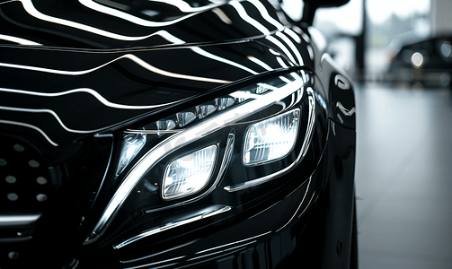 汽车前灯特写全新现代黑色汽车的聚焦视图