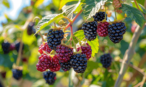 生长在藤蔓上的新鲜成熟黑莓