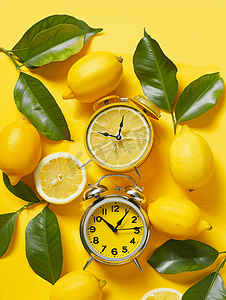 简约创意设计背景摄影照片_黄色背景上带有柠檬表盘的创意概念时钟