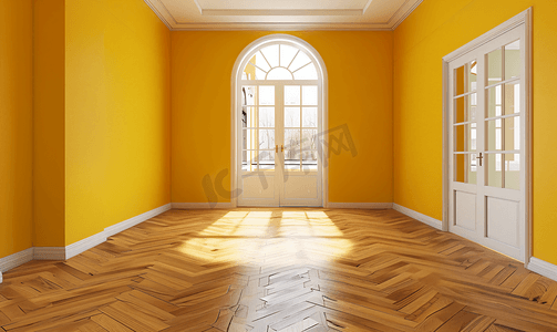 家庭室内渲染与空房间彩色墙壁和装饰木地板