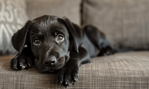 一只黑色拉布拉多猎犬躺在沙发上拉布拉多小狗看着镜头