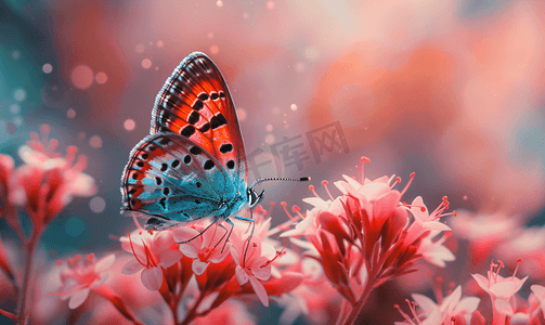 神秘仙境摄影照片_粉红色花朵上的橙色和蓝色蝴蝶