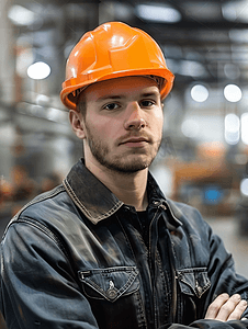 工厂室内的产业工人戴橙色安全帽的年轻技术员