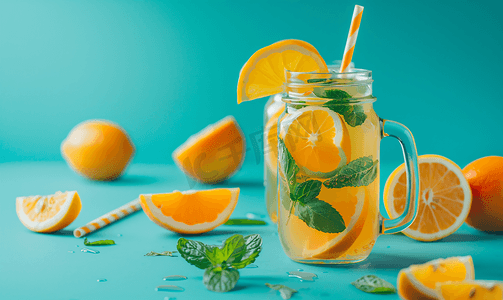 梅森罐装柑橘类水果柠檬水