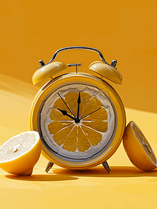 黄色背景上带有柠檬表盘的创意概念时钟