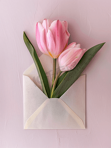 信封花卉摄影照片_粉色郁金香花瓣装在打开的纸信封里