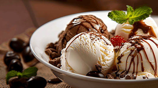 巧克力冰激凌摄影照片_奶油巧克力冰淇淋球5