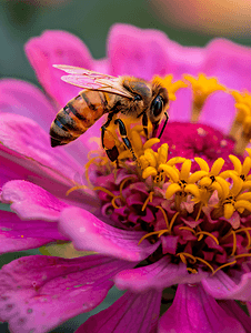 蜜蜂在一朵粉红色优雅的百日草花上特写
