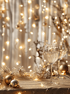 房间里的眼镜和圣诞装饰品明亮的花环和灯光