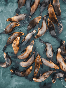 海边游泳摄影照片_蒙特利湾海狮群睡觉和游泳的高视角