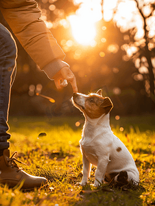 主人在公园里和杰克罗素梗犬玩耍