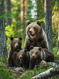 散步的熊摄影照片_森林里的棕熊家族森林的美丽景色