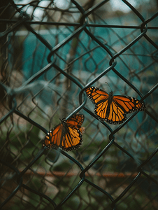 昆虫金属摄影照片_金属网上的两只帝王蝶