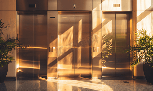 电梯标识牌摄影照片_酒店大堂的现代金属电梯
