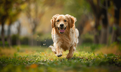散步摄影照片_运动中奔跑的照片美丽的金毛猎犬在公园户外散步