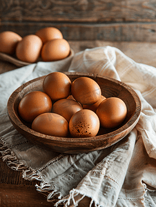木碗里的鸡蛋农场新鲜的有机鸡蛋放在质朴的木材上