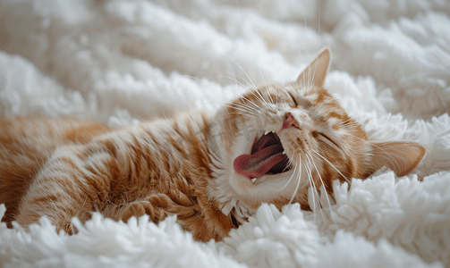 伸出舌头近距离观察蓬松的白色床上可爱的猫咪可爱的宠物