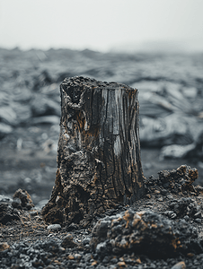 碎花立体摄影照片_火山喷发后树桩碎裂树木被夺走