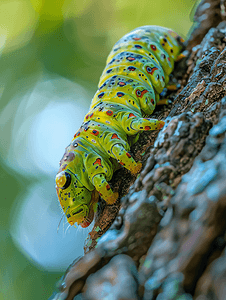 一只斑驳的黄绿色毛虫爬在一棵老树上