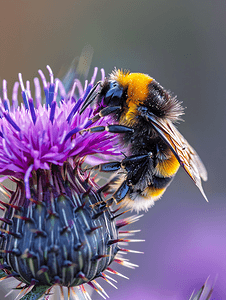 大黄蜂在矛蓟花上蜜蜂在紫色花朵上
