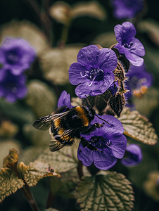 地面常春藤紫色野花上的大黄蜂特写