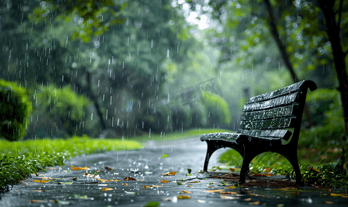 雨花园里的长凳