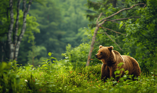 灰棕色摄影照片_森林自然景观中的棕色美丽熊