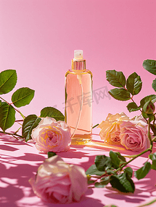化妆品补水摄影照片_黄色粉红色背景带有瓶子和玫瑰