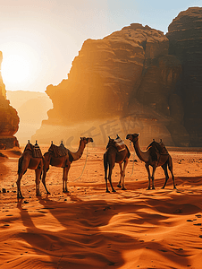 约旦沙漠瓦迪拉姆日出时的骆驼