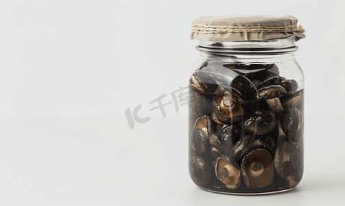 白色背景中隔离的罐装黑牛奶蘑菇的特写镜头