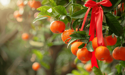 越南会安花园树上挂着红丝带的成熟新鲜的橘子