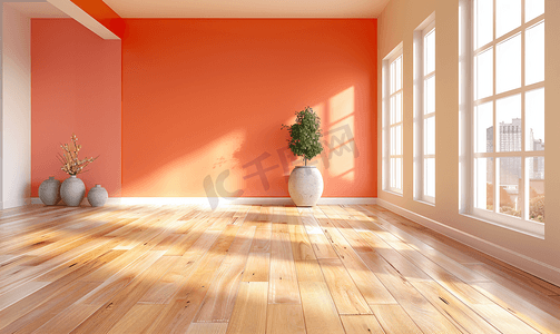 可爱装饰小图标摄影照片_家庭室内渲染与空房间彩色墙壁和装饰木地板