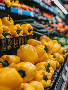 烹饪蔬菜摄影照片_成熟的黄甜椒在超市或农贸市场卖蔬菜生态食品