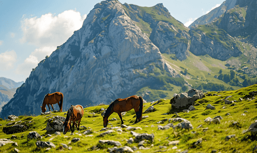 野马在巨石附近的山腰上吃草