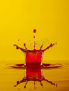 黄色背景上带有反射和滴落的红色液体飞溅